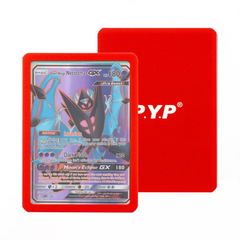 Side‑Loading Color Card Toploader - Red Red side opening toploader showing front loaded card view and branded back side, factory stock photo for B‑B sourcing