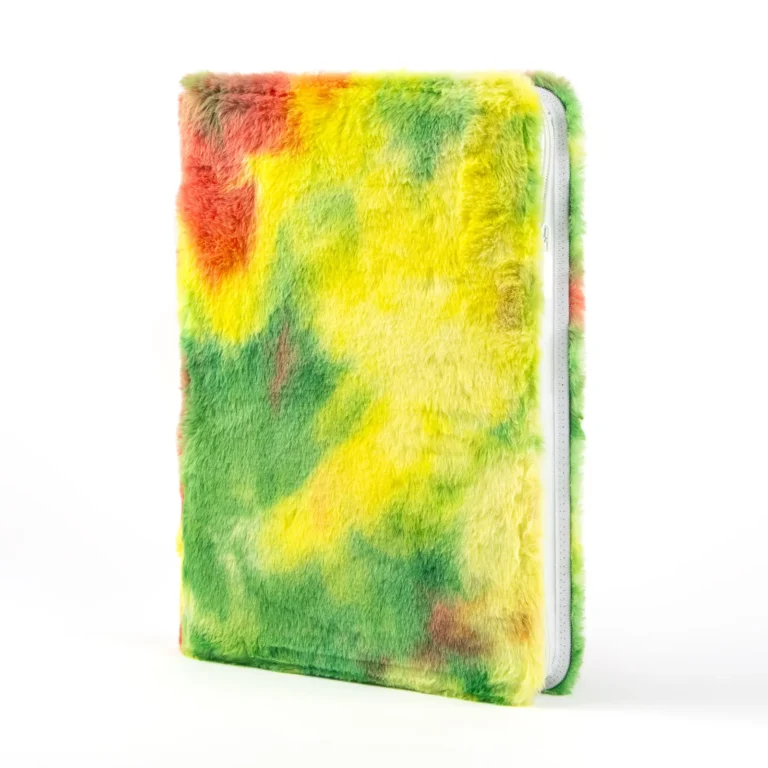 Open zipper plush card binder showing inner 9-pocket sleeves for game cards Factory supply tie dye plush card binder, colorful fluffy cover card holder book